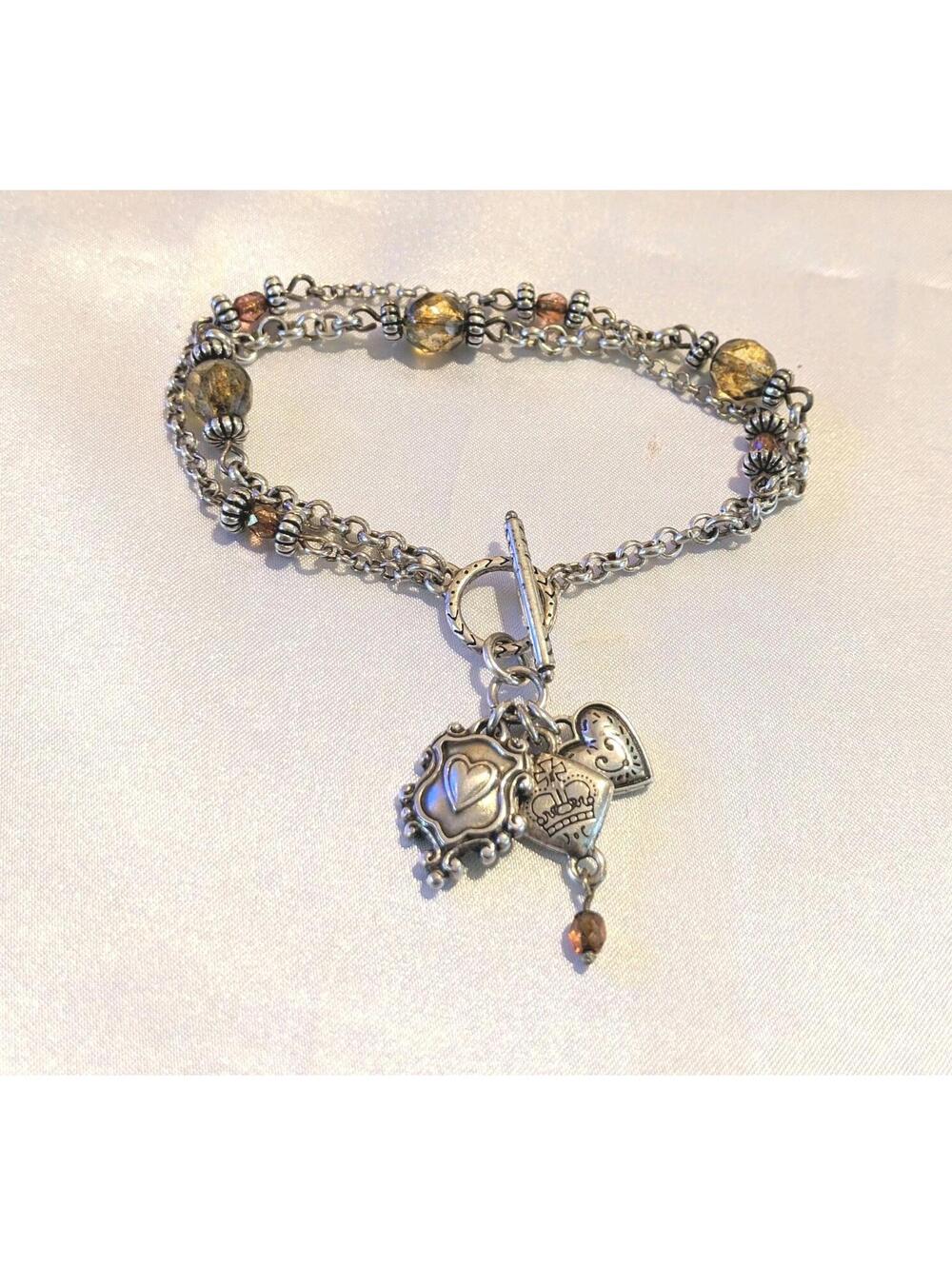 BRIGHTON Shield Of Love Two-Strand Charm Bracelet RARE Glass Beads Silver Plated